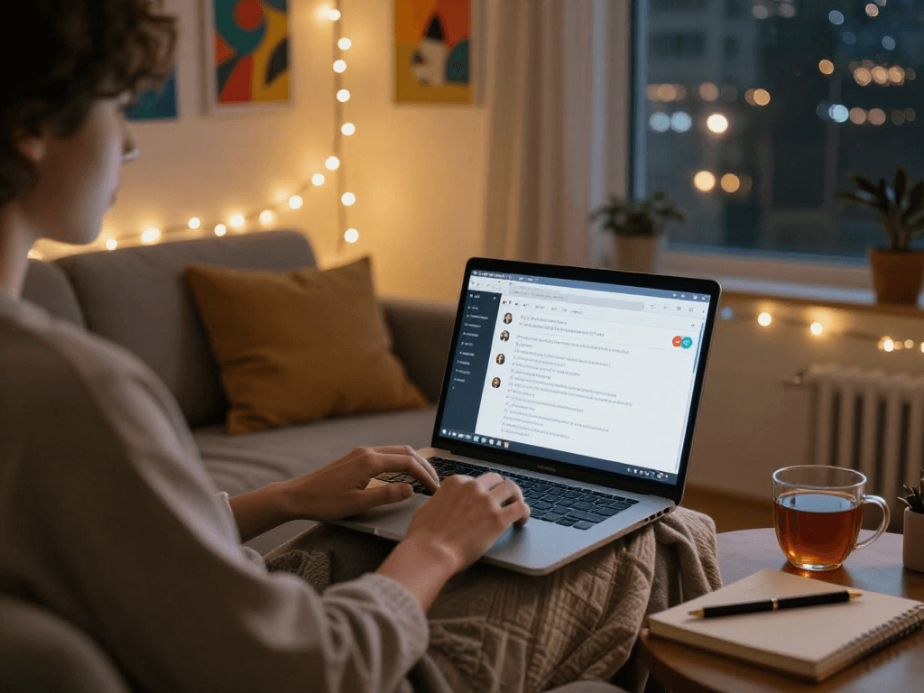 Engaging with AI sex chat in a cozy home setting