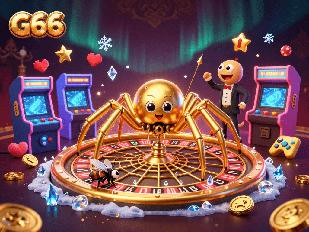 G666 players engage with colorful game elements while placing bets amidst a whimsical casino world.