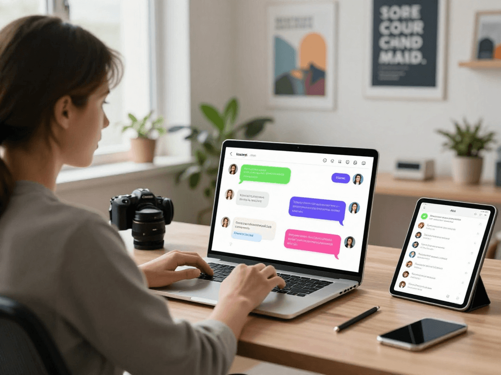 Engaging user interaction with juicy AI chat on a modern laptop in a vibrant home office.