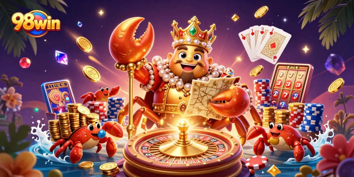 Play and win at 98win with a vibrant 3D casino scene of the golden crab emperor and treasures.