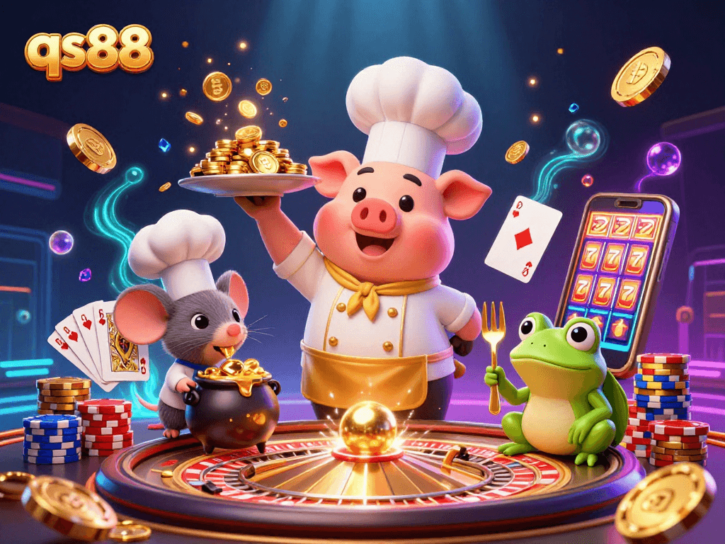 Experience thrilling gameplay at qs88 with a vibrant 3D scene showcasing gold coins, poker chips, and engaging characters.