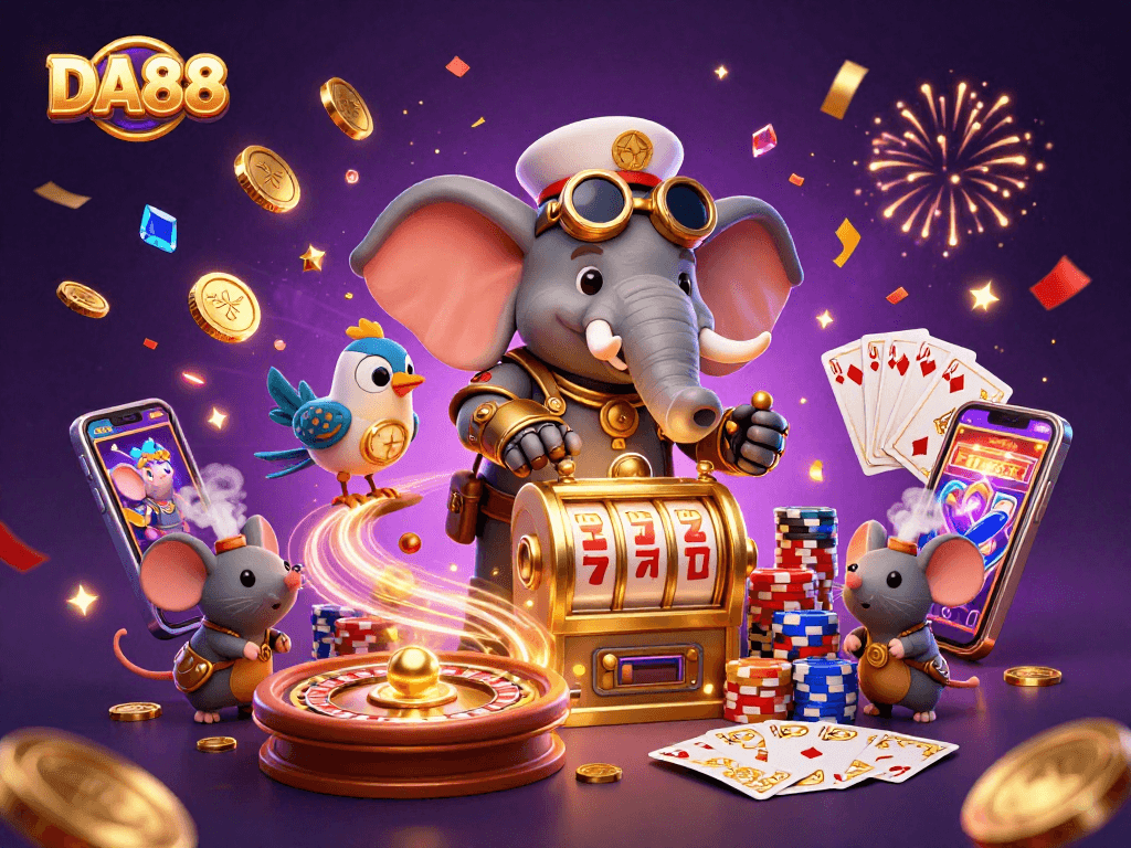 Spin to win at DA88 with a steampunk theme and vibrant casino elements!