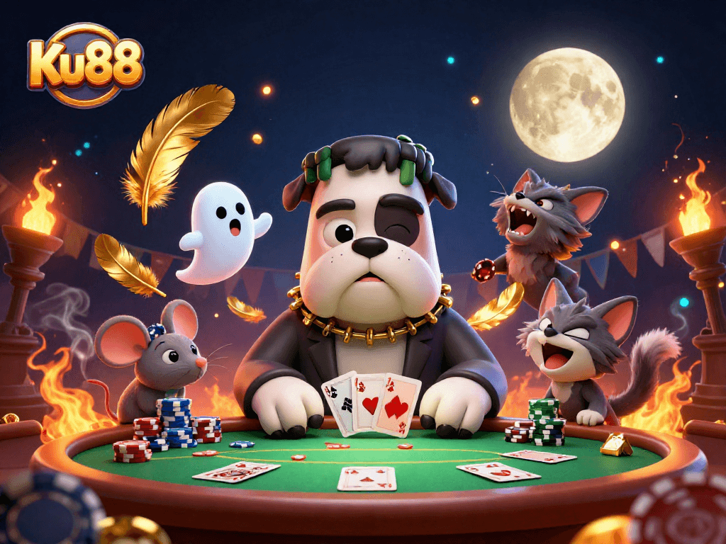 Ku88 players engage in high-stakes poker as a cartoon bulldog dealer captivates the game.