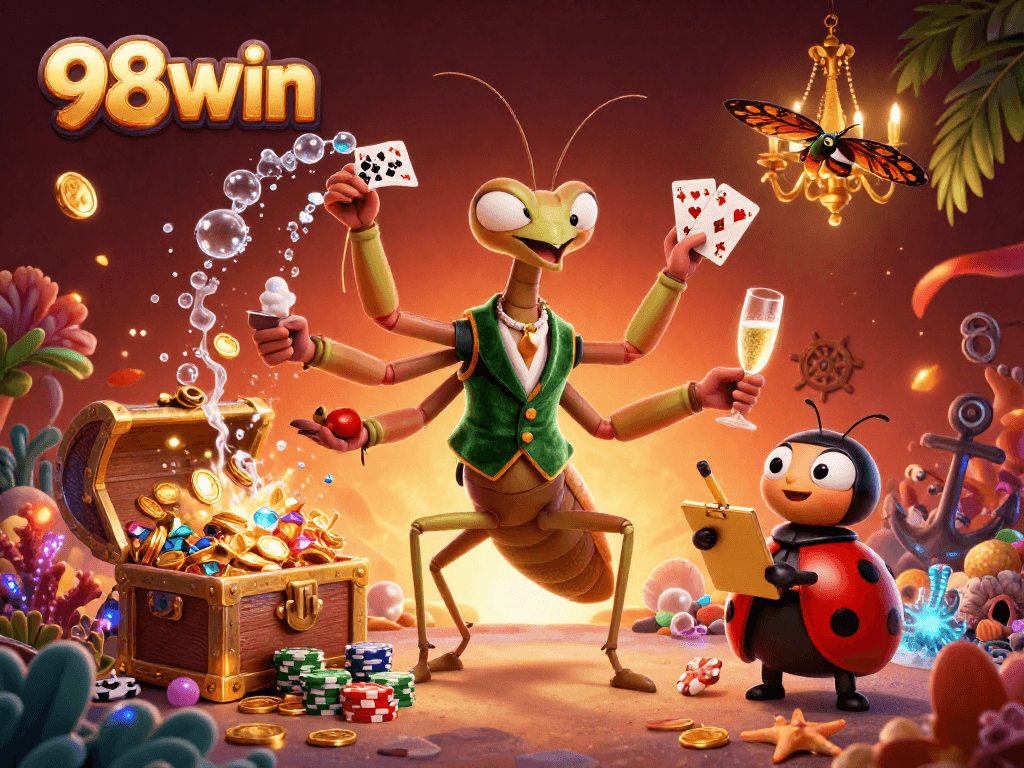 Experience the excitement of 98win with a dynamic casino scene featuring a giant praying mantis card sharp.