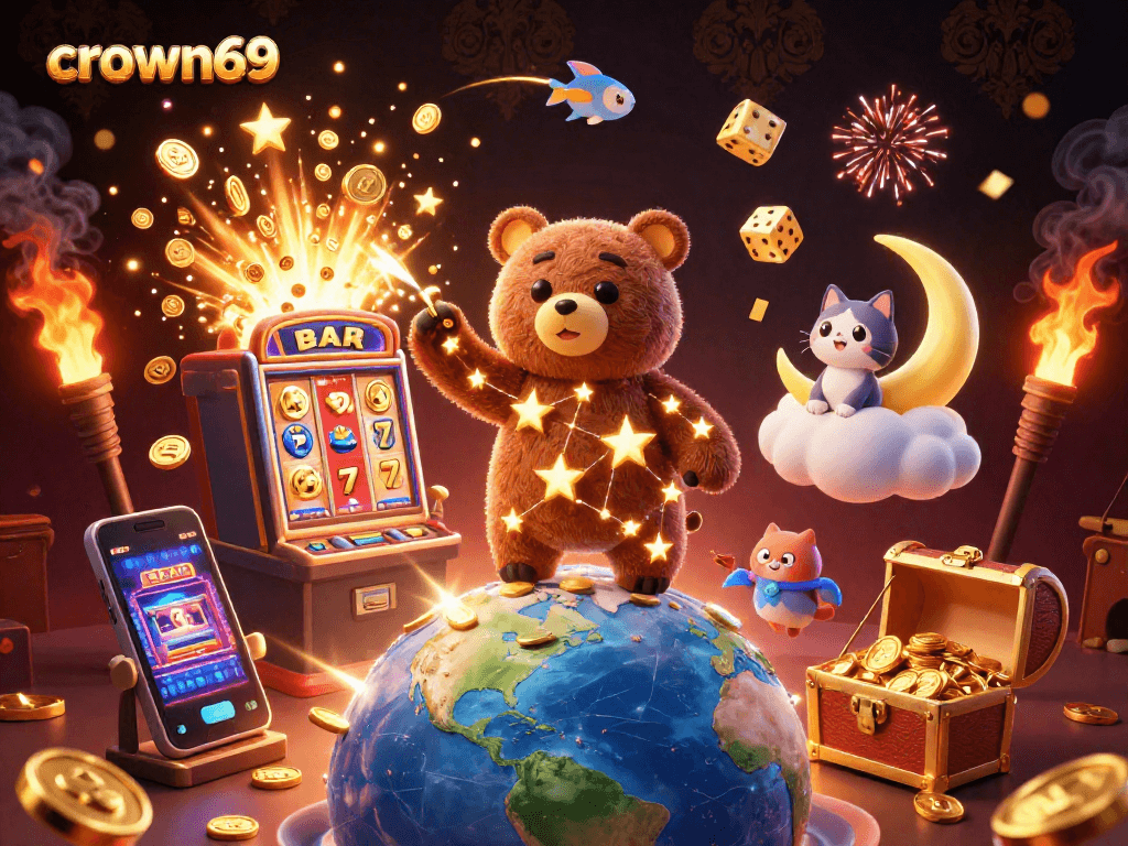 Engage with crown69's vibrant casino scene featuring a constellation bear and thrilling games.
