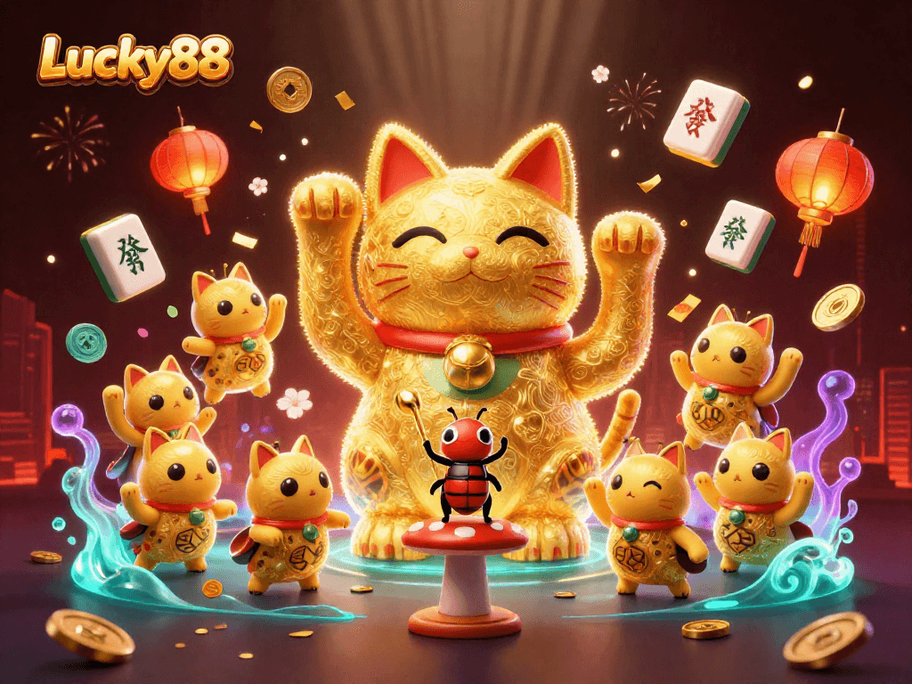 Engage with Lucky88 at a vibrant online casino highlighted by animated lucky symbols and festive atmosphere.