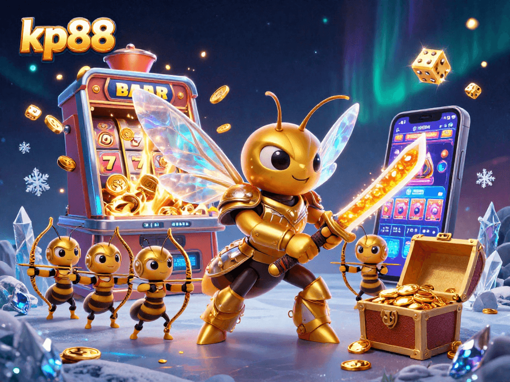 Experience kp88's vibrant slot action with a golden hornet and casino elements in this 3D rendering.