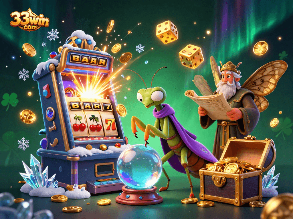 Engage in thrilling gameplay with 33win com, a vibrant casino scene featuring fortune tellers and jackpot excitement.