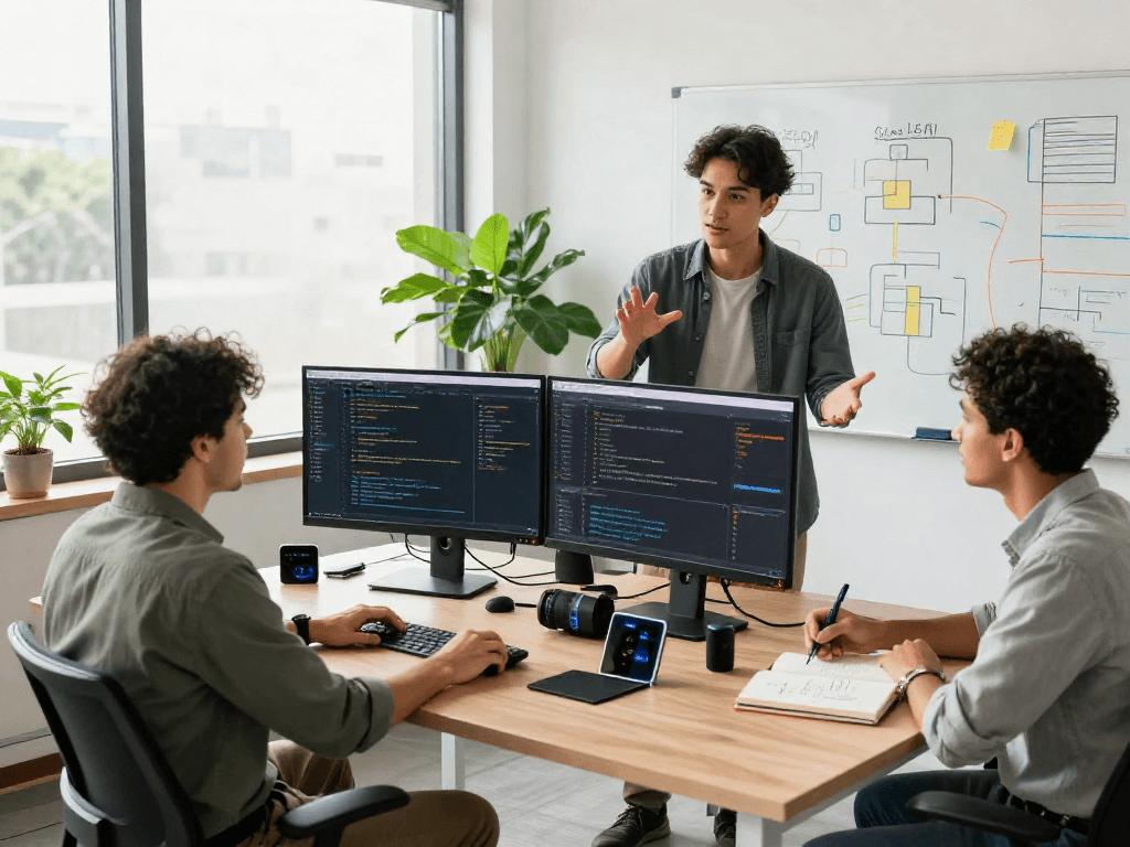 Developers discussing innovative solutions in a collaborative workspace featuring crushonai tools.