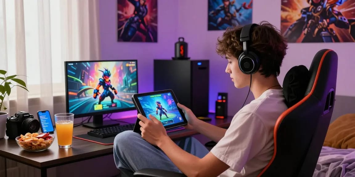 Engaging scene of a player enjoying an android porn game in a cozy gaming room.