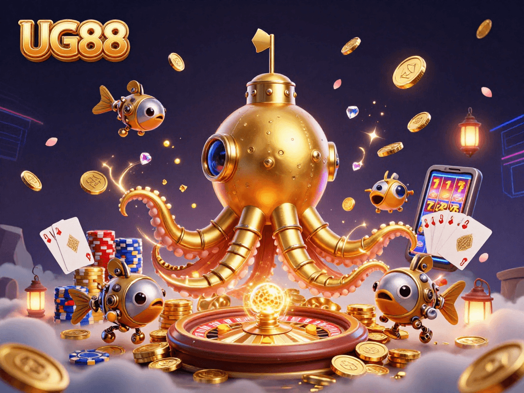 Engage with UG88's exciting golden kraken casino adventure featuring vibrant roulette and poker elements.