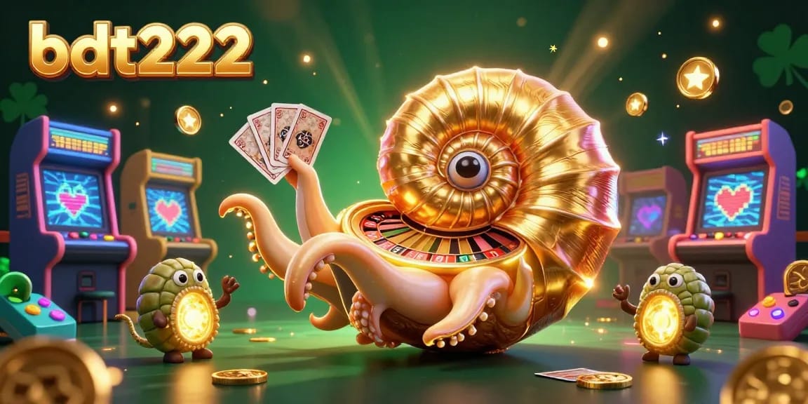 Engage with thrilling games on bdt222, featuring a vivid 3D casino illustration with a nautilus roulette wheel.