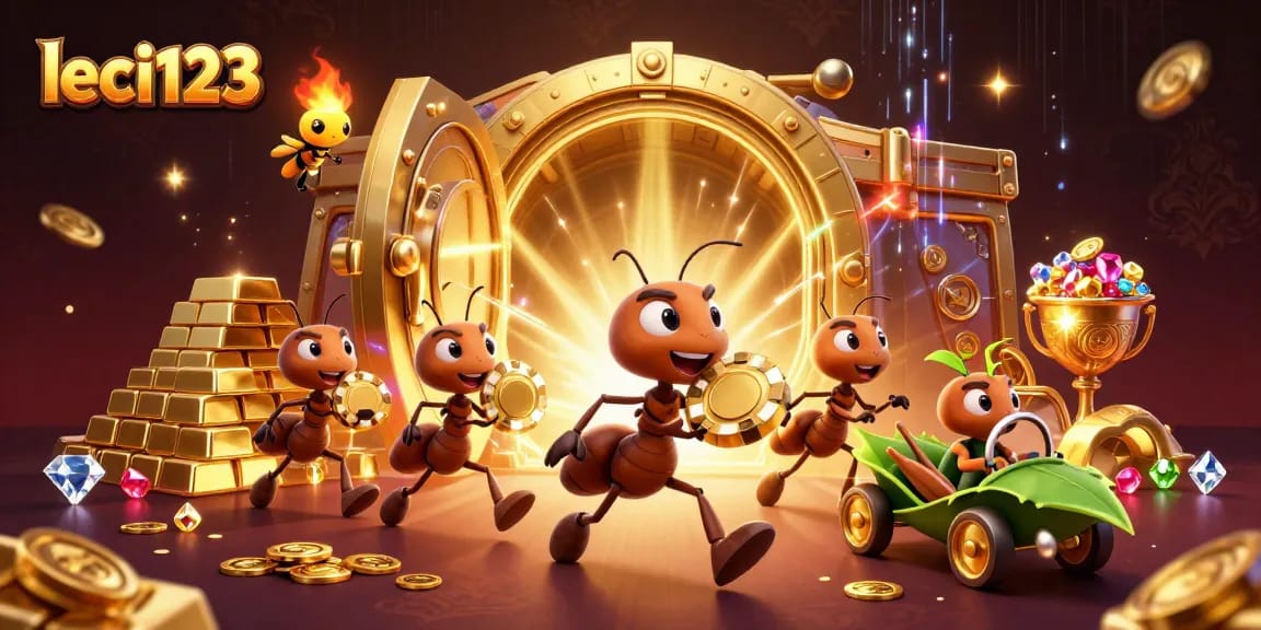 Experience thrilling gaming adventures with leci123 as ants heist golden poker chips in a dynamic casino scene.