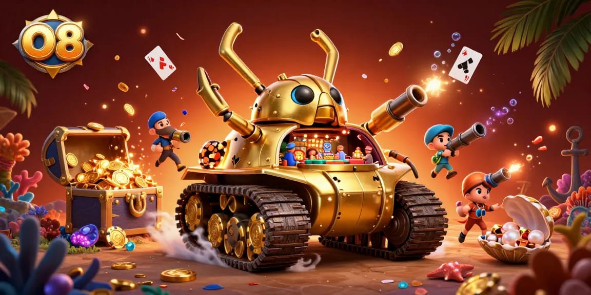 Play within the O8 casino experience featuring vibrant golden beetle tank loaded with games and exciting elements.