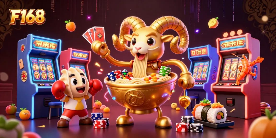 F168 casino experience illustrated with a giant ramen bowl character dealing cards among colorful game machines and vibrant slot symbols.