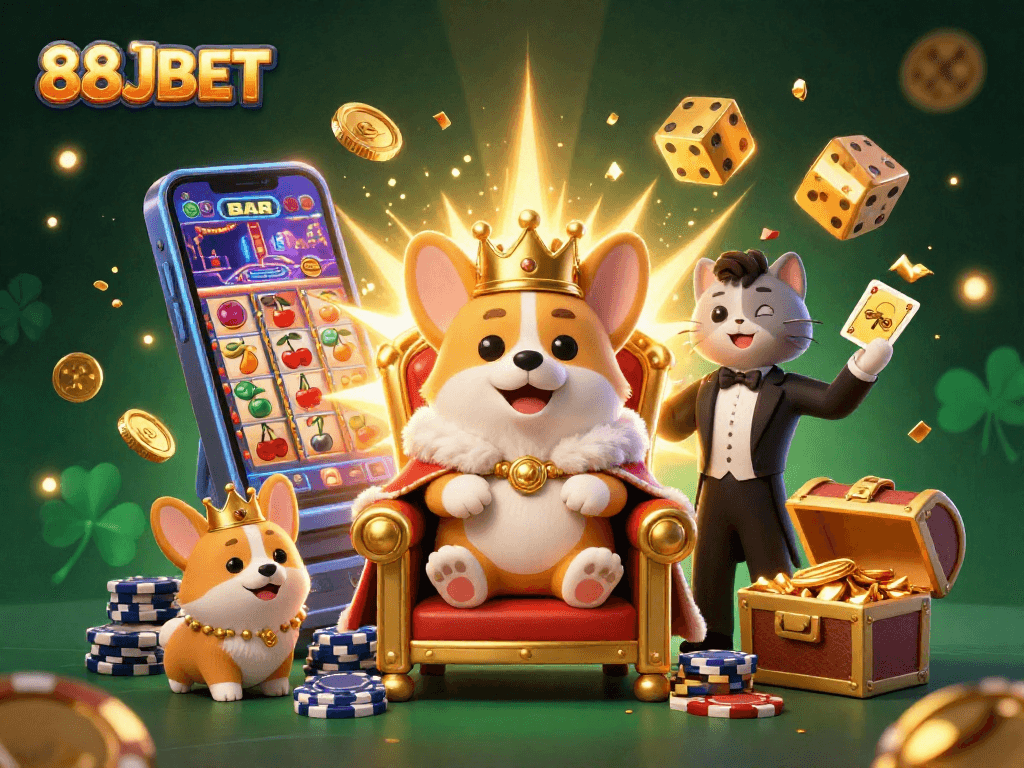 Experience the excitement at 88JBET with a royal corgi and vibrant casino scene.