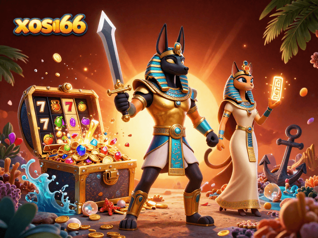 Engage with xoso66 by spinning ancient Egyptian slots with Anubis and Bastet amidst treasure and vibrant gameplay elements.