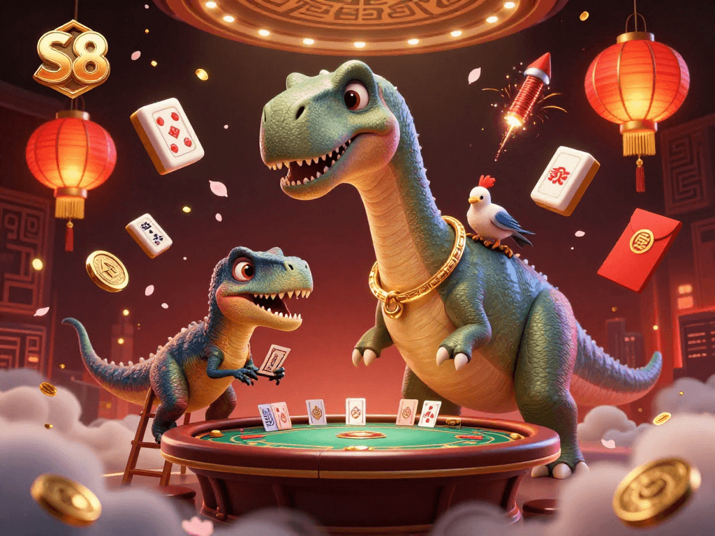 S8 invites players to enjoy captivating games with a charming brontosaurus dealer and rich casino elements.