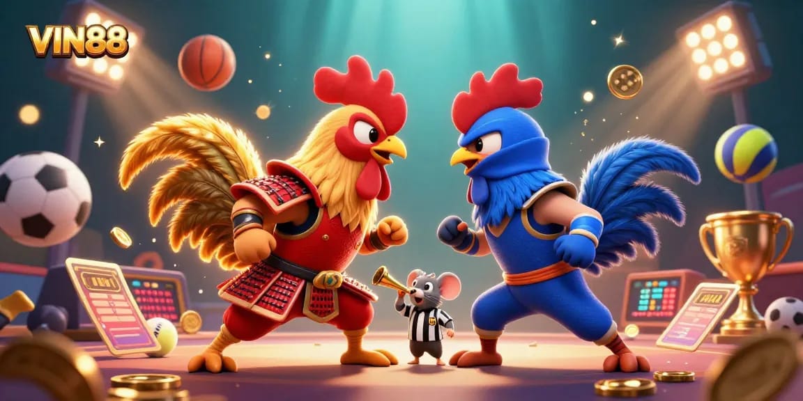 Watch the intense face-off between roosters symbolizing the thrill of VIN88 sports betting.