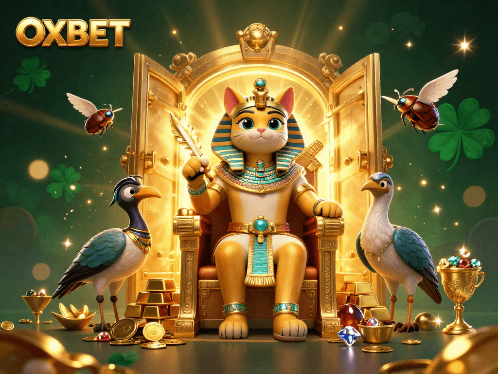 Check out the OXBET paradise with a pharaoh cat surrounded by treasures and casino excitement!