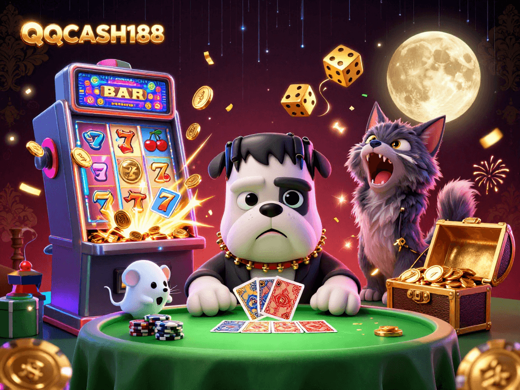 Experience luck with QQCASH188 as the Frankenstein bulldog deals cards amidst dazzling casino action.