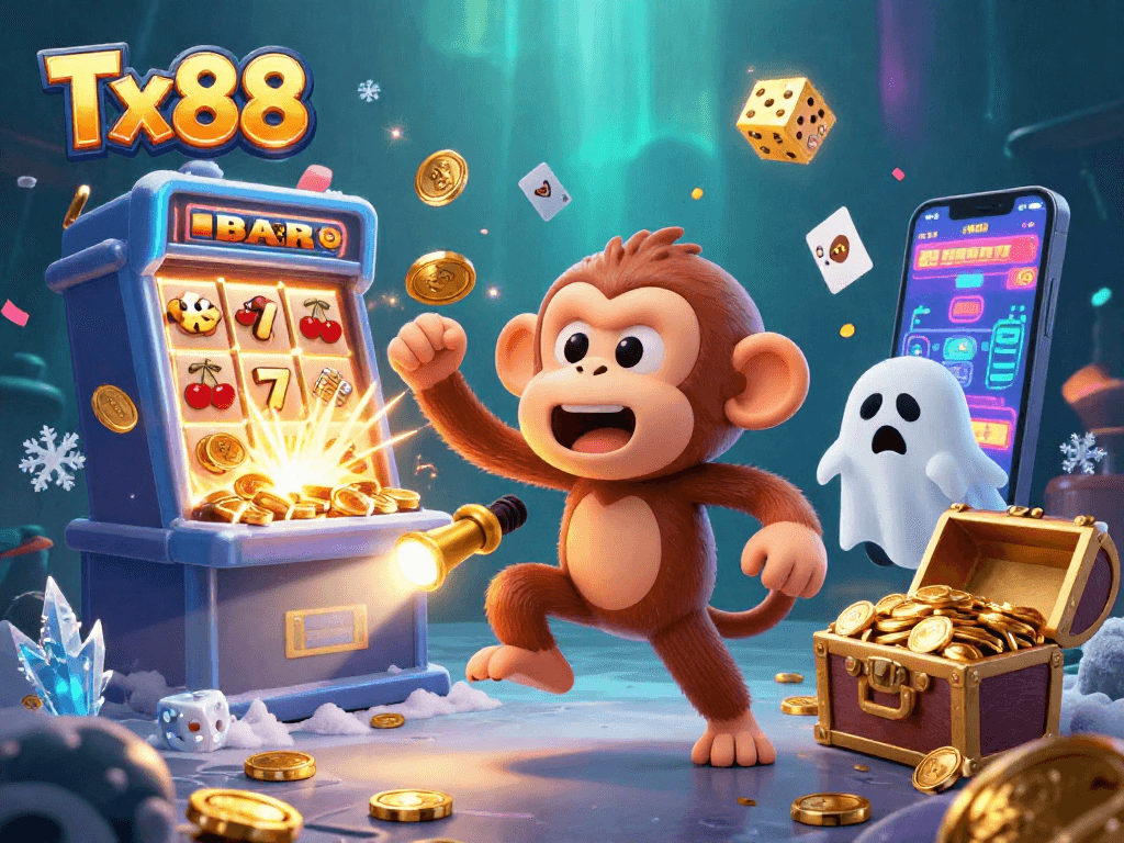 Experience thrilling gaming at Tx88 with a mischievous poltergeist monkey and a curious puppy in a vibrant casino atmosphere.