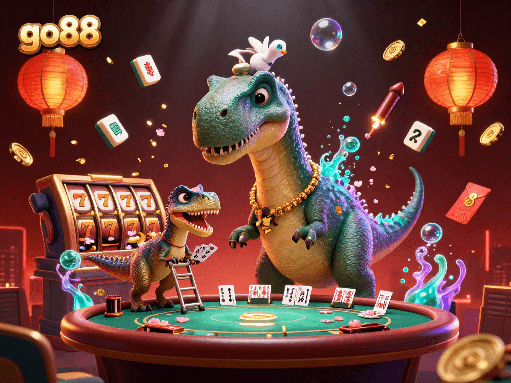 go88 brings a fun scene with a giant brontosaurus overseeing a vibrant casino poker table