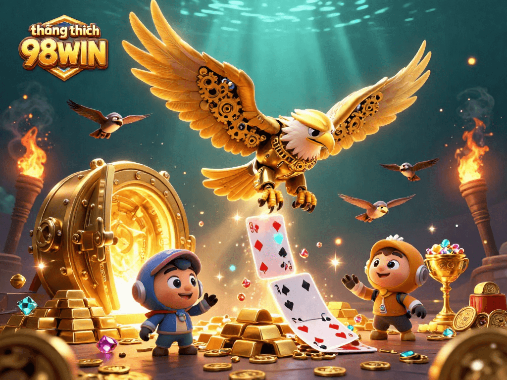 Experience thrilling gaming with the thương hiệu 98WIN as golden treasures cascade around a cybernetic eagle.