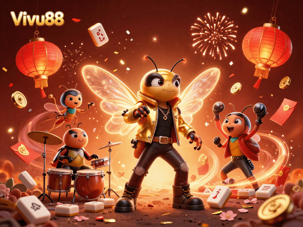 Engage in thrilling adventures with Vivu88, featuring a dynamic rock star scene celebrating casino excitement amidst magical elements.