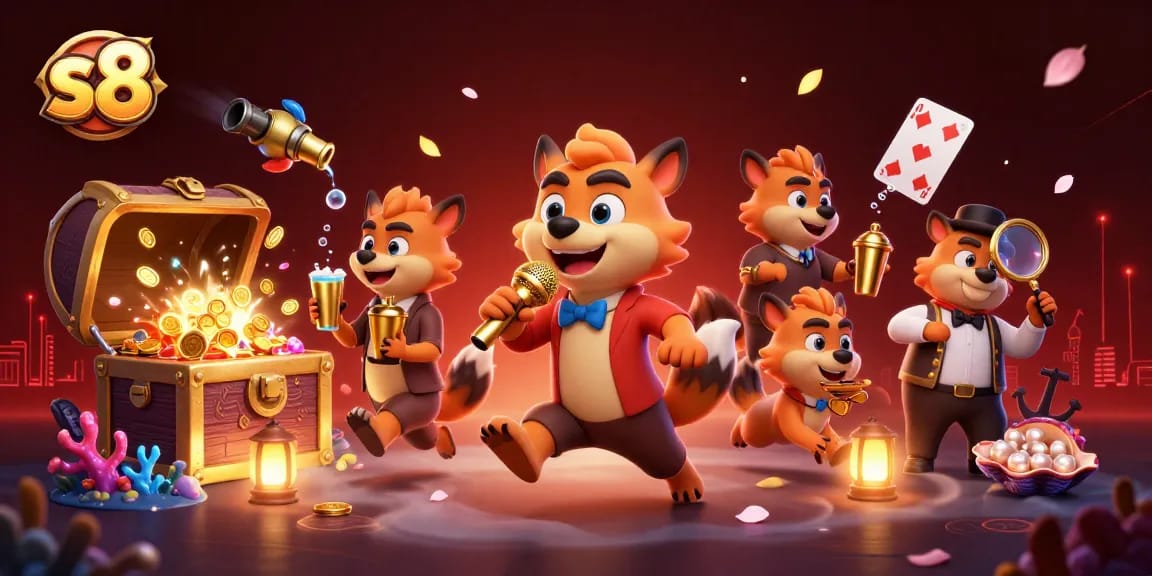 S8 platform celebrates gaming with hyenas in a lively casino scene, featuring vibrant treasures and engaging effects.