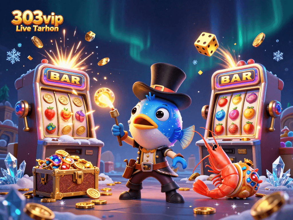 Engage with 303vip Live Taruhan as the anglerfish attracts coins in this vibrant casino illustration.