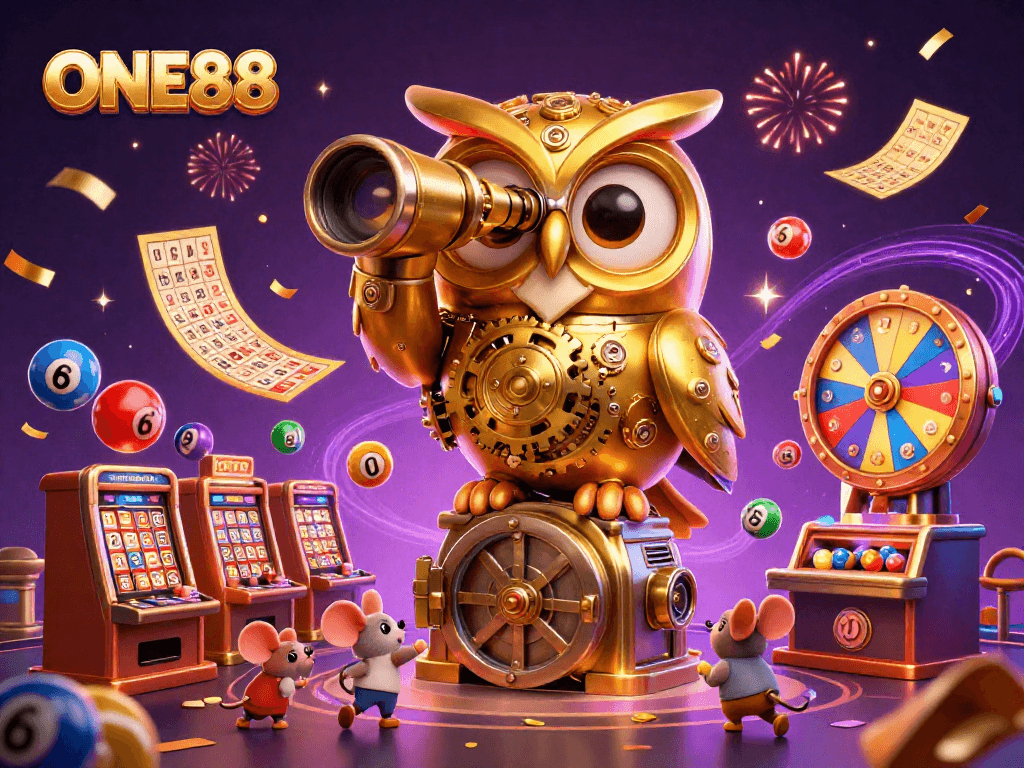Engage in thrilling bets with ONE88, as a clockwork golden owl oversees a vibrant casino scene full of games and excitement.