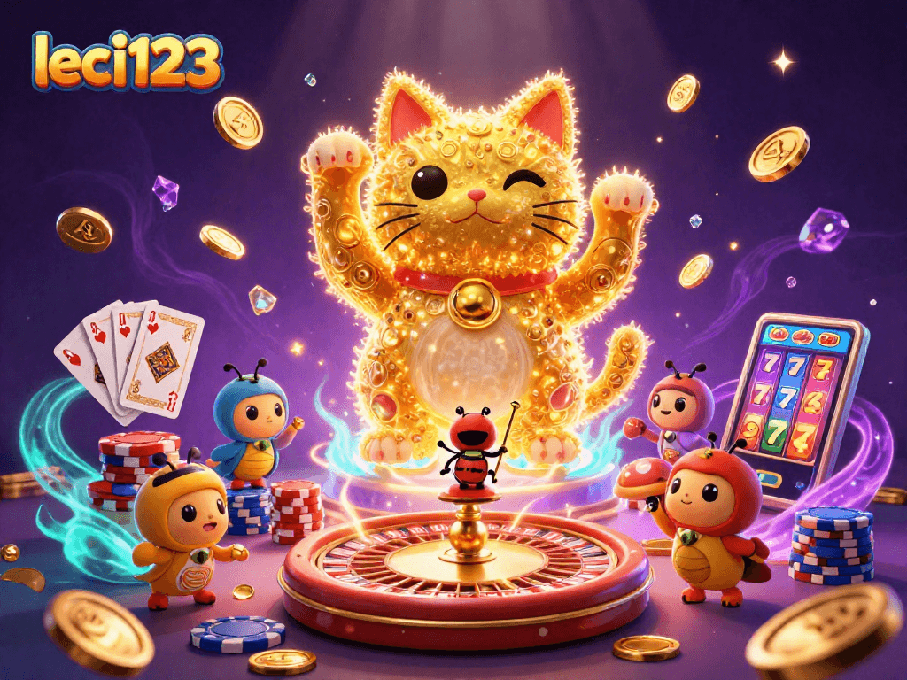 Engage with leci123's vibrant casino scene depicting a lucky cat crafted from golden fireflies and dynamic game elements.