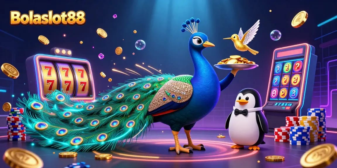 Bolaslot88 features a vibrant casino scene with a peacock, penguin, and hummingbird amidst cascading coins and slot reels.