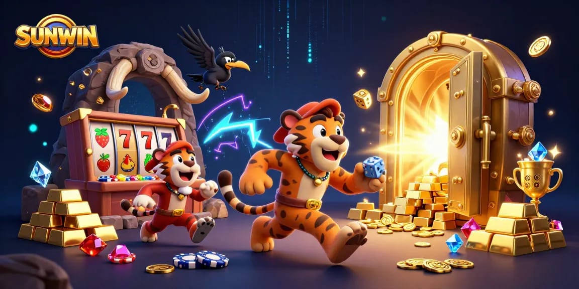 SUNWIN showcases a vibrant prehistoric casino scene with unique characters and dynamic gambling elements.