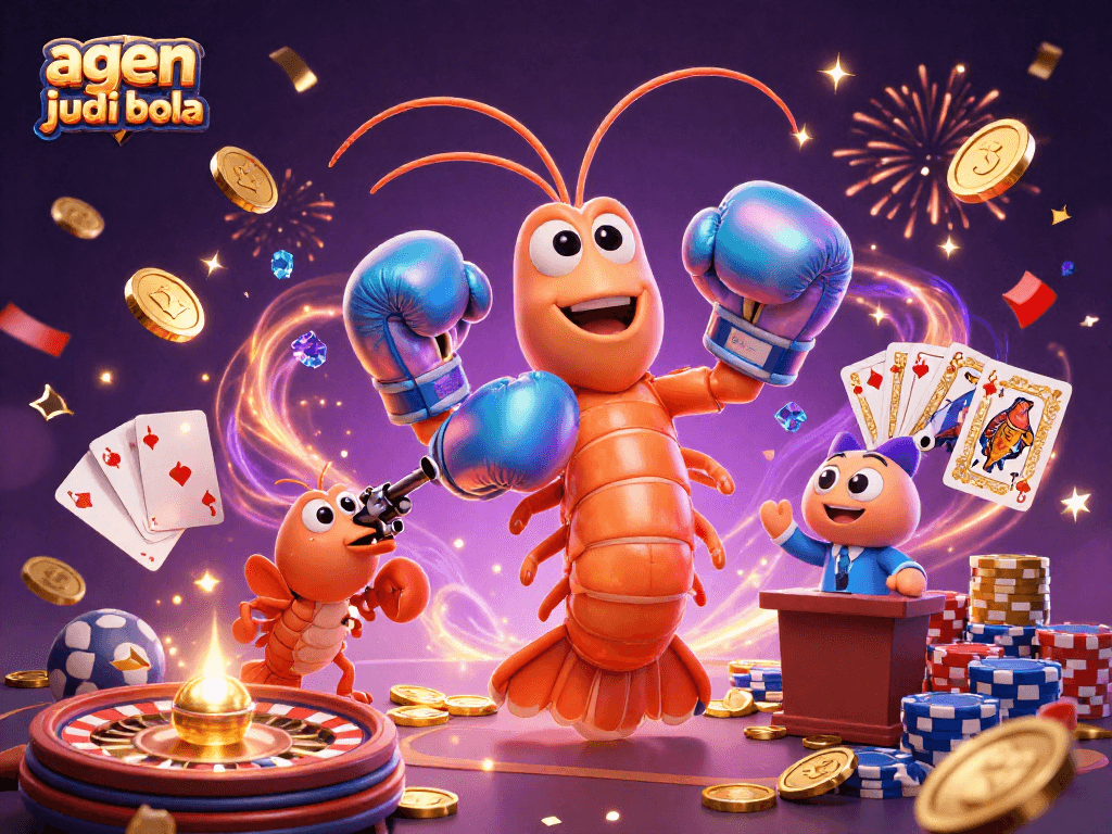Engage in thrilling action with an agen judi bola as colorful shrimp characters celebrate big wins amidst shimmering casino elements.