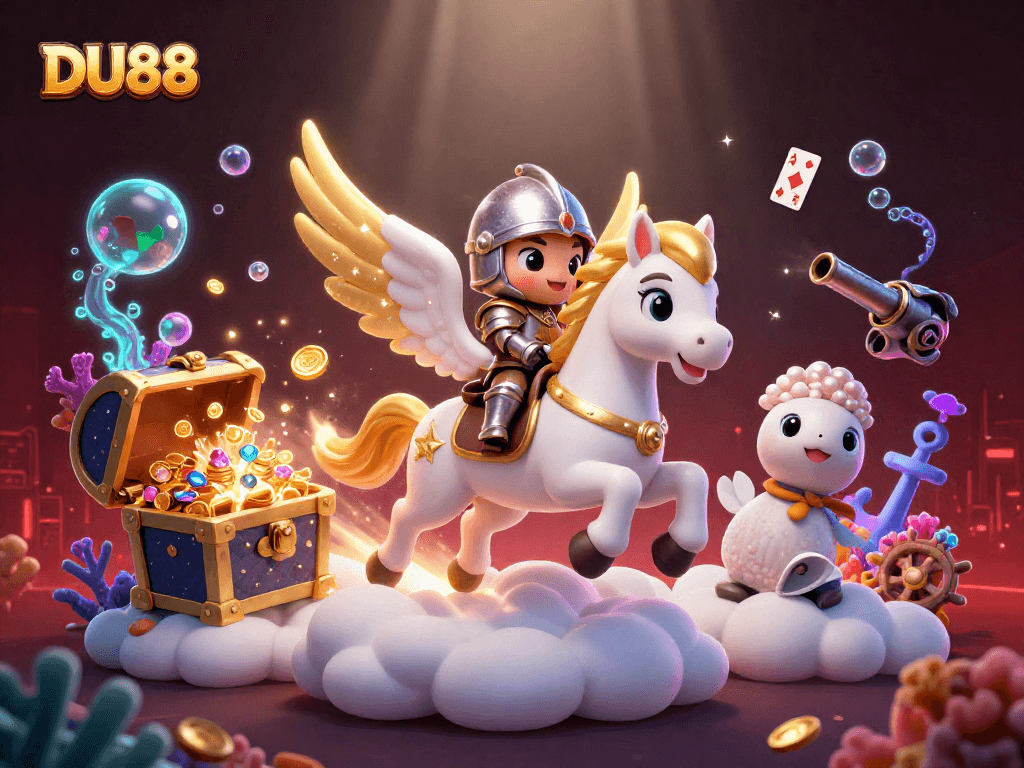 Experience gaming excitement at DU88 with a magical celestial scene of coins and gems cascading everywhere.