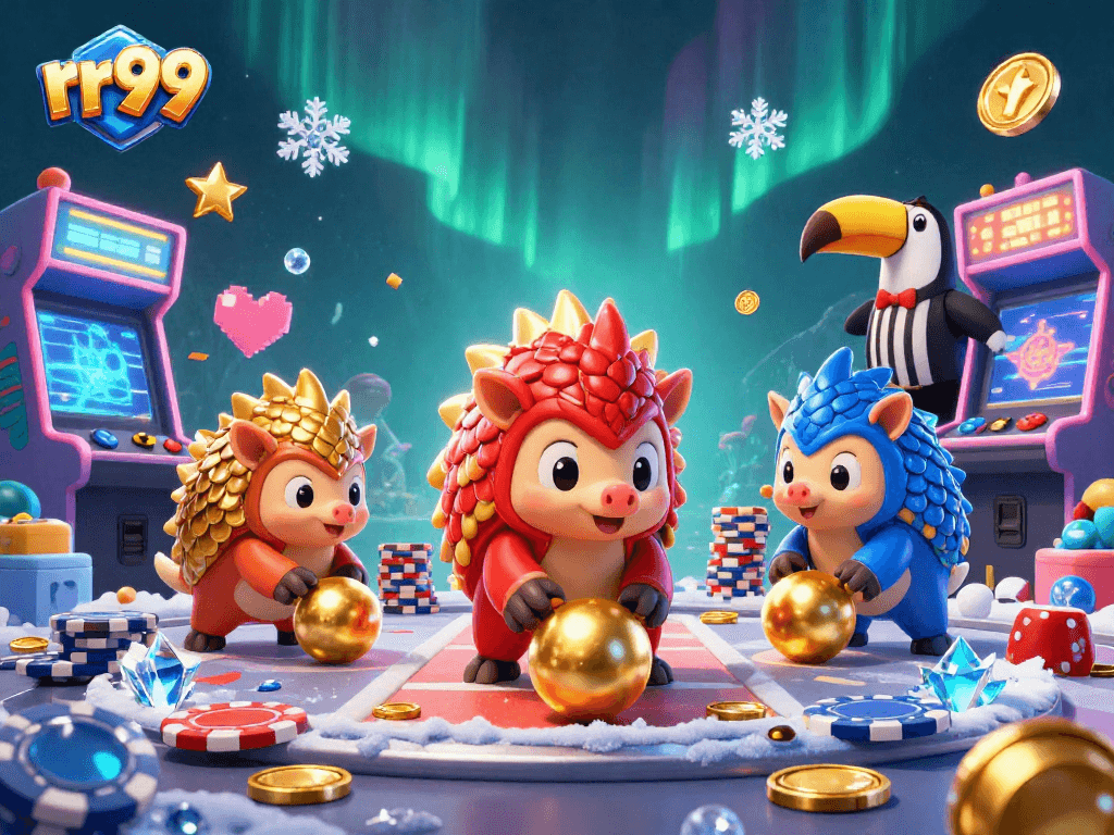 Join the fun at rr99, where rival pangolins battle through poker chips in a vibrant casino scene.