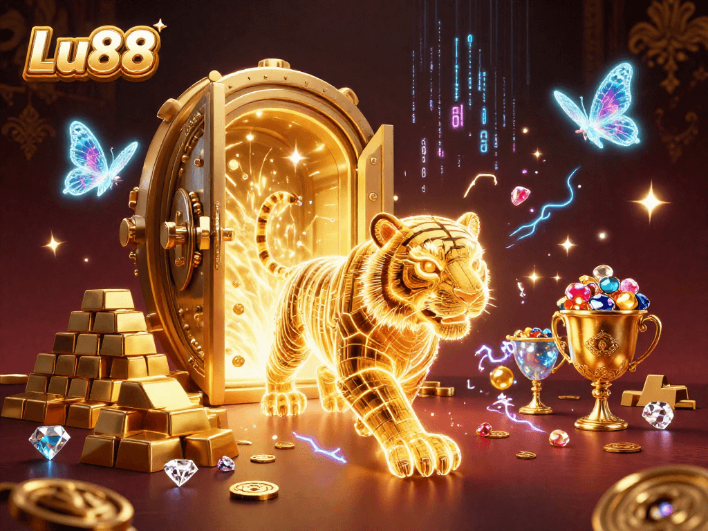 Experience Lu88 with a vibrant 3D casino landscape, featuring a golden tiger and treasure elements in action.