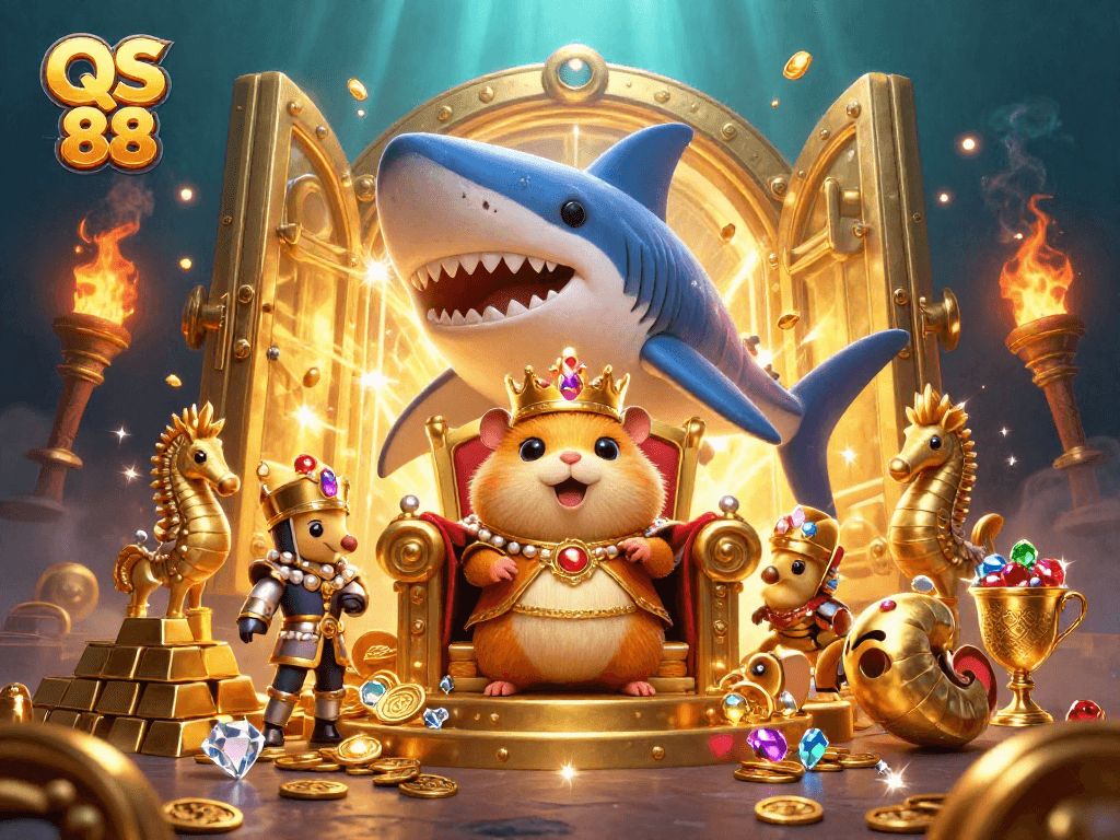 Experience the riches at QS 88 with a golden hamster king ruling over treasures in an underwater casino fantasy.