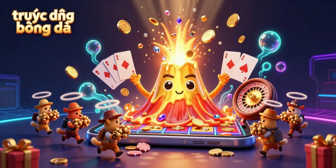 Experience thrilling trực tiếp bóng đá with a vibrant 3D scene of gambling excitement and treasure.