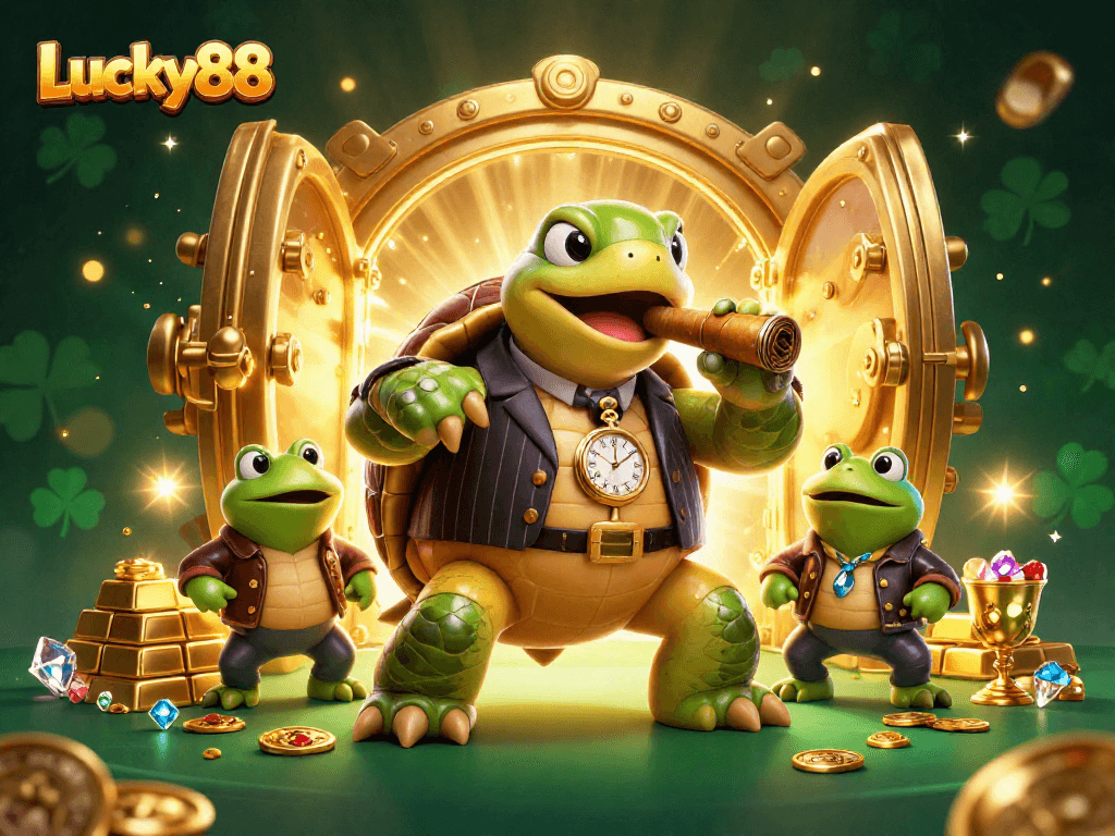 Experience Lucky88's thrilling casino world as a cartoon turtle and bullfrogs light up the scene.