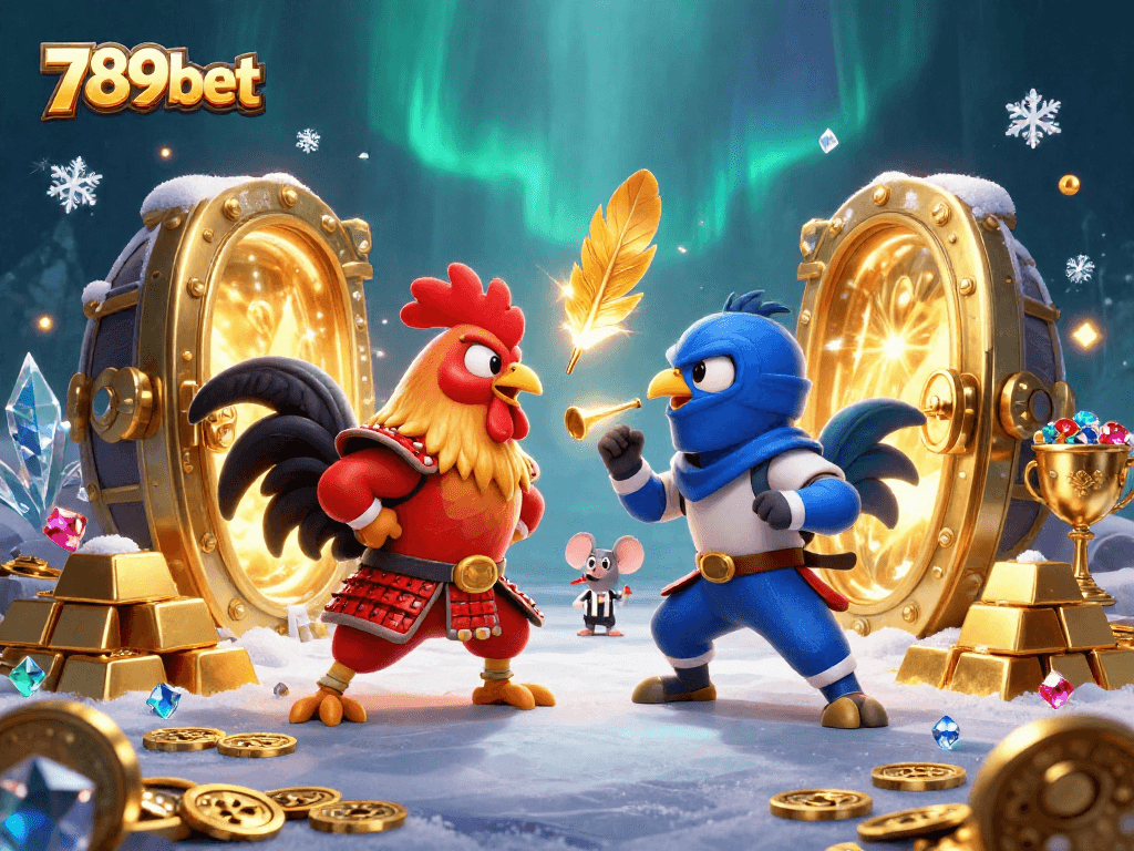 Experience thrilling action with 789bet as fighting roosters clash amid gold and jewels in a dazzling casino scene.