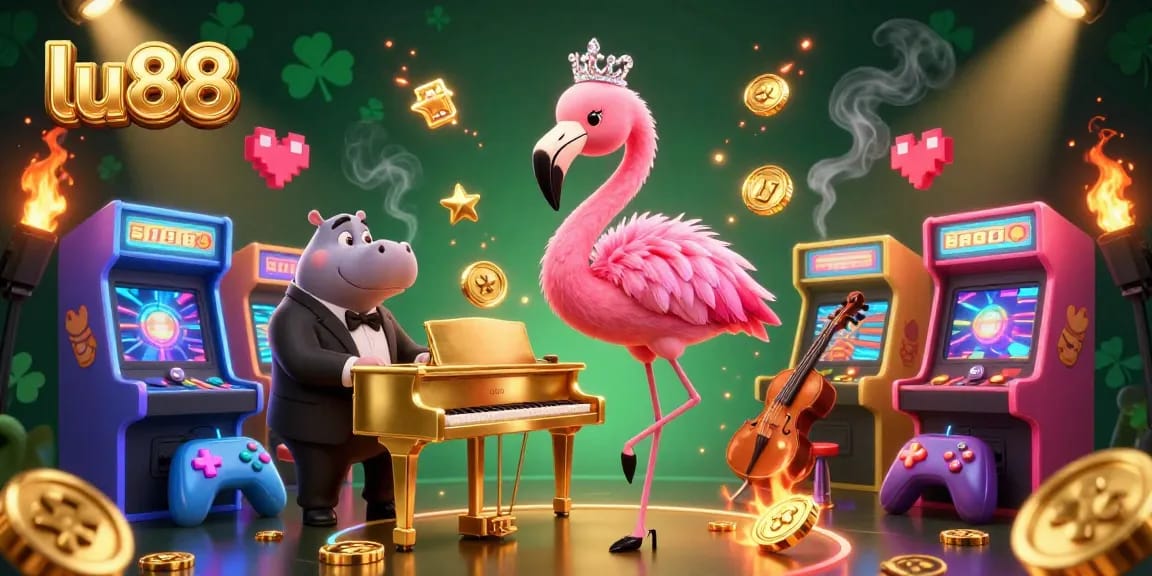 Experience exciting gameplay at lu88 casino with a vibrant flamingo singer and hippo bassist in a lively digital illustration.
