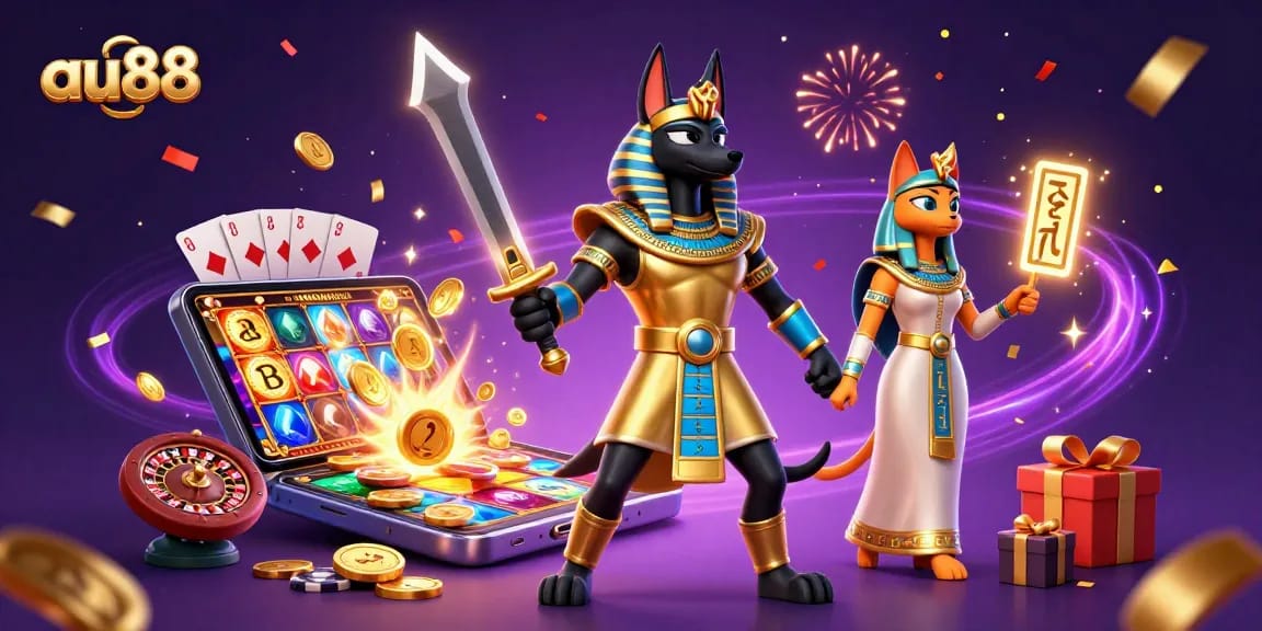 Experience thrilling gameplay with au88, featuring an Egyptian warrior and vibrant casino elements.