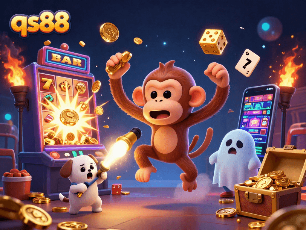 Experience thrilling gaming at qs88 with a lively 3D scene of a playful monkey juggling golden casino elements.