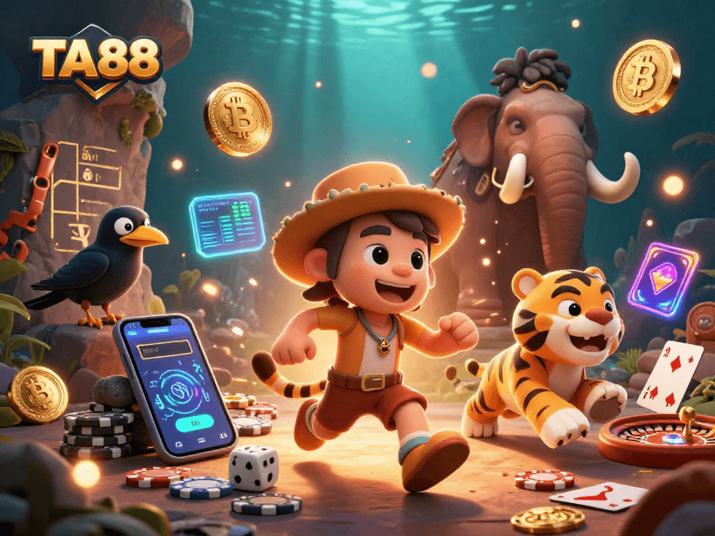 Engage with TA88's thrilling casino experience showcasing vibrant 3D characters and gaming elements.