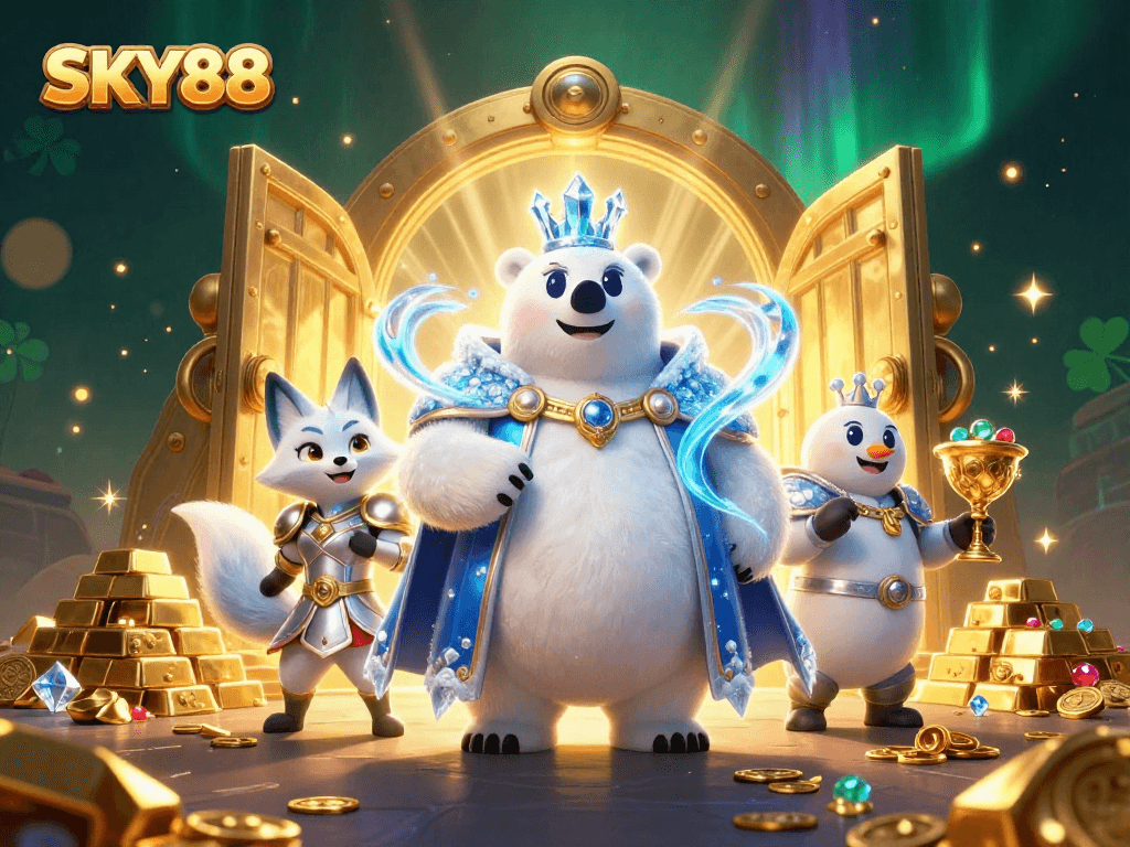 Engage with the enchanting SKY88 casino world featuring a majestic polar bear, treasure vaults, and sparkling gems.