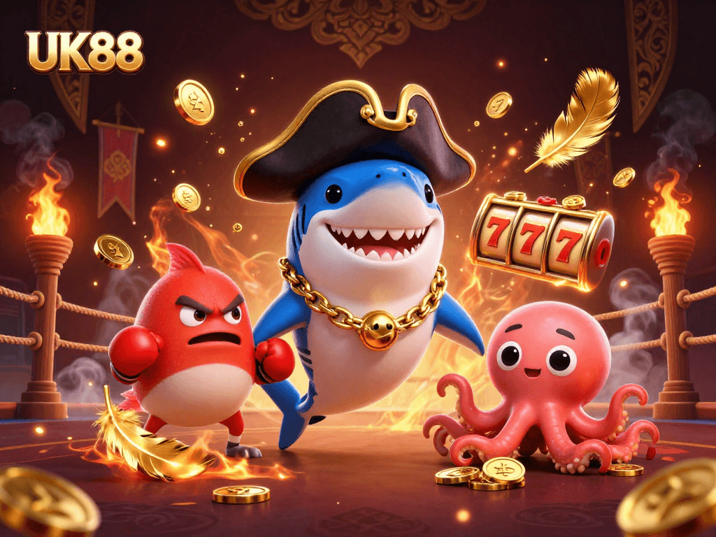 Engage in thrilling slot action with UK88's pirate shark and octopus in a vibrant casino scene.