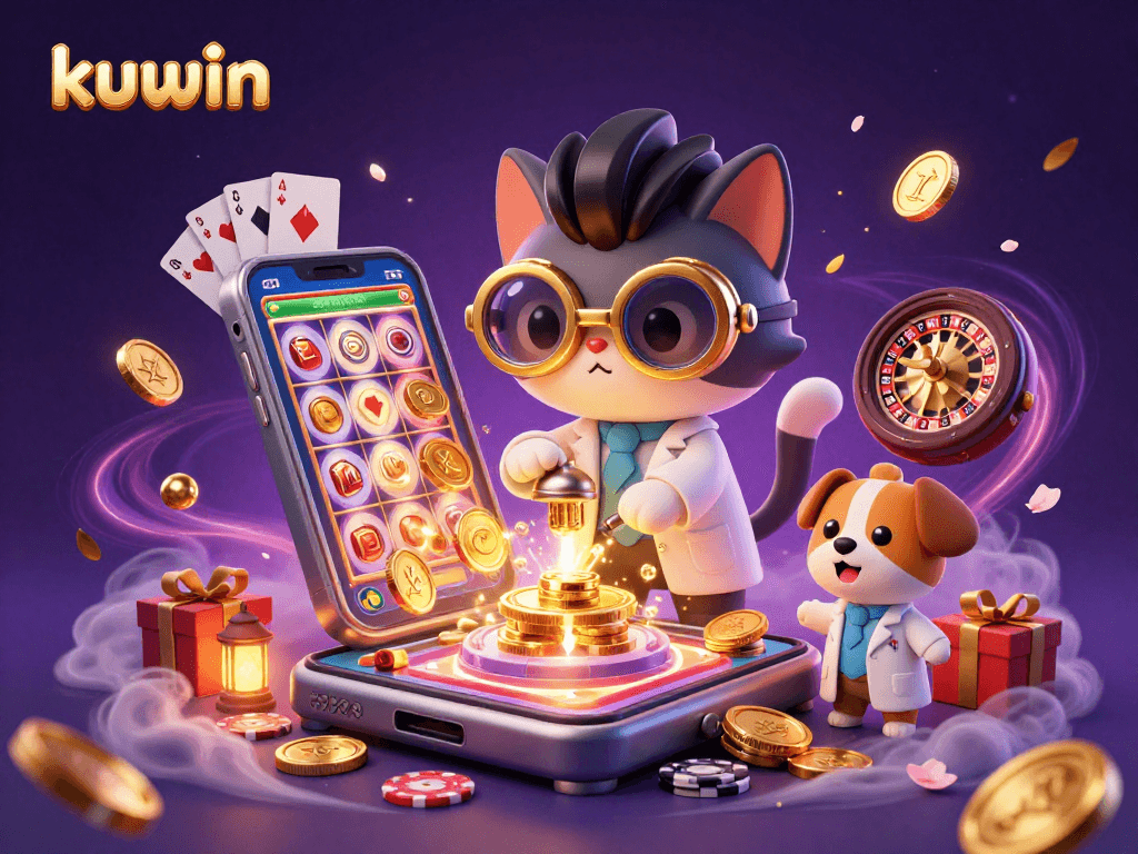 Engaging scene showcasing kuwin's vibrant casino atmosphere with colorful slot games and animated characters in action.